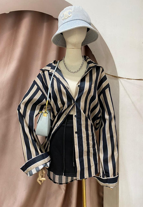 Long Sleeves Strip Collar Down Shirts